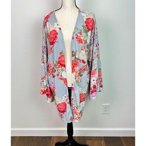 Figueroa & Flower Women's Floral Kimono Boho Bell Sleeve Gray Red